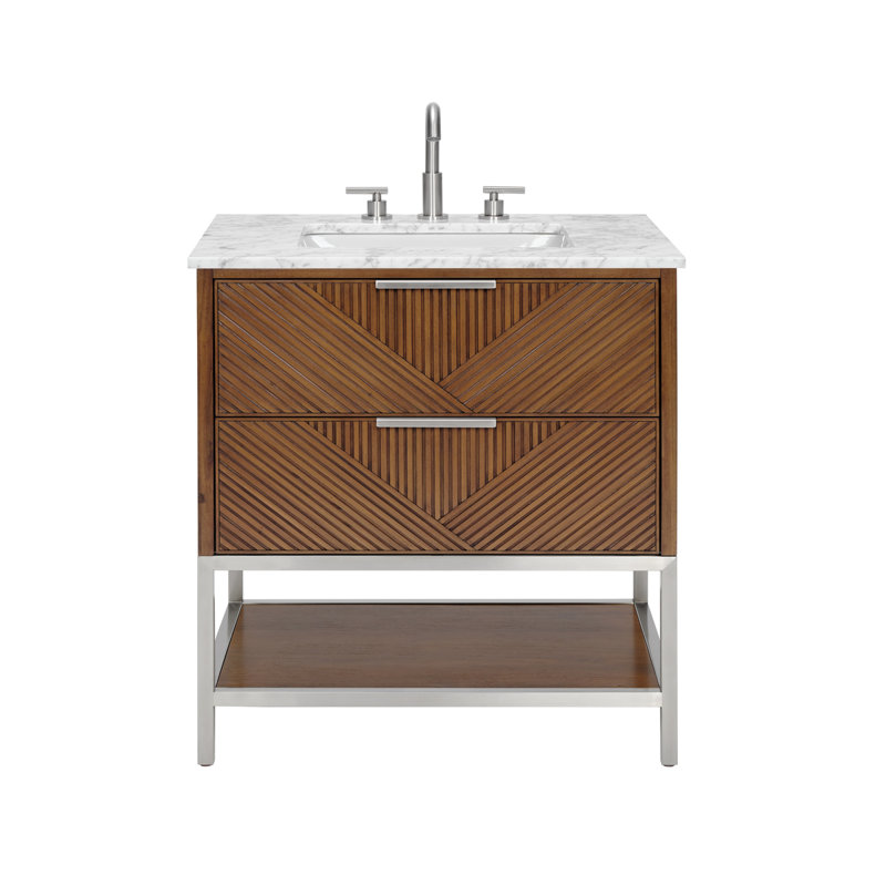 Diamond 30'' W Single Vanity, Calacatta Quartz, Matte Black, Walnut