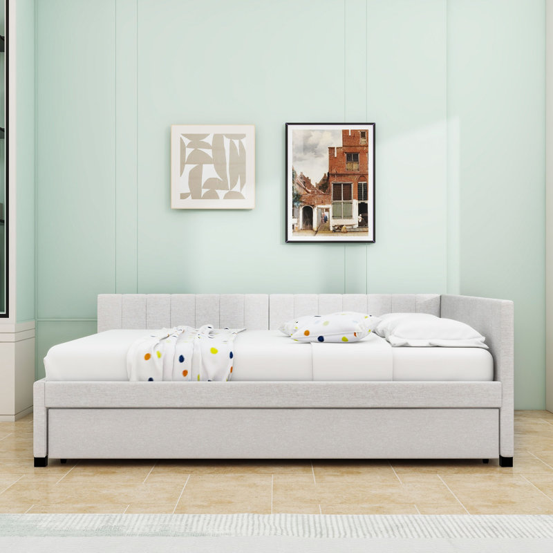 Yasmir Upholstered Sofa Daybed with Trundle, Beige, Full