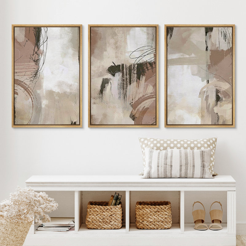 «Pastel Watercolor Paint Strokes Abstract Neutral Art Decor», reproduction d'art sur toile encadrée 3 pièces, Plastique brun
