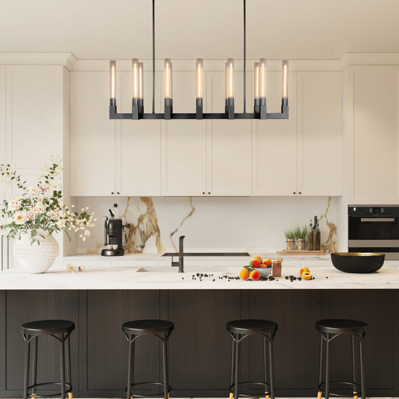 Farmhouse Chandelier With Glass Tube, Matte Black, 17.8'' H X 12'' W X 54'' D