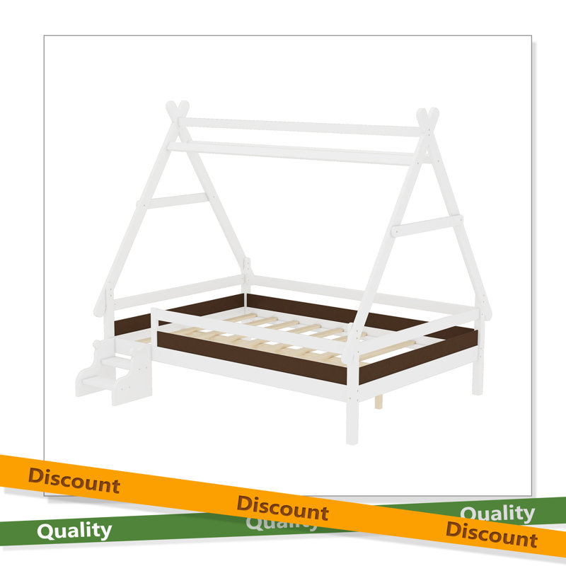 Lit plateforme House avec escalier, structure de lit simple en bois massif, profil bas et design amusant pour enfants, Blanc