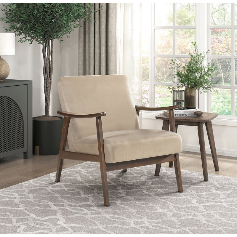 Chaise en velours brun de style Mid-Century moderne, structure en bois au fini noyer foncé, coussins en mousse pour une assise pratique, soutien
