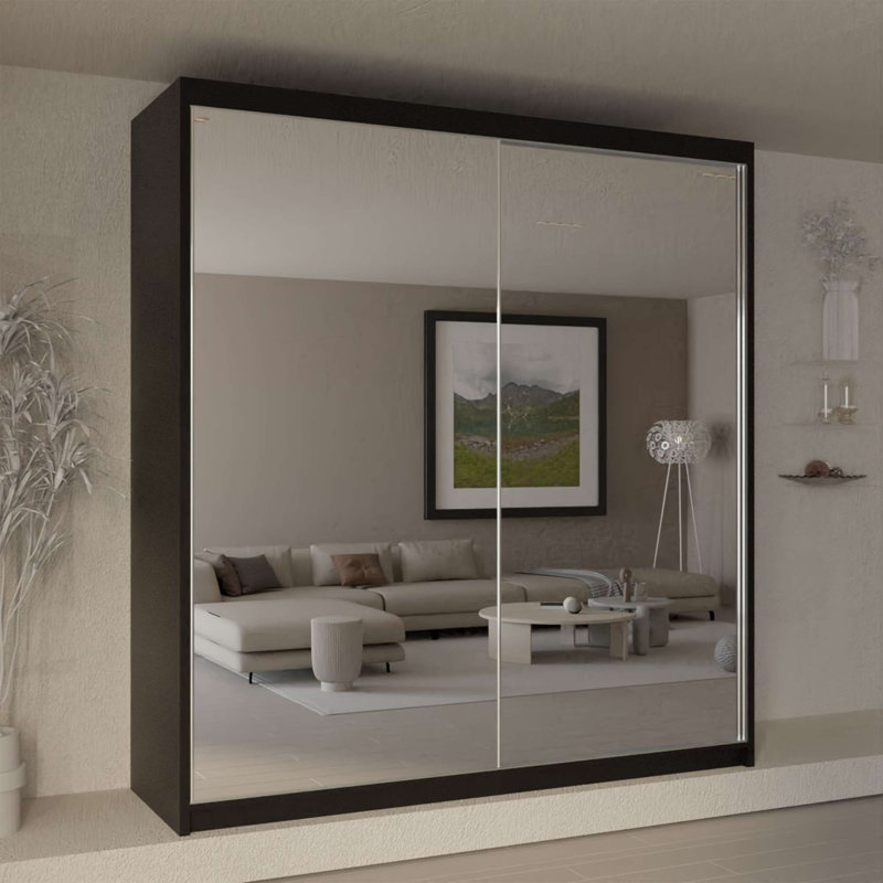 Chabier 2 Door Manufactured Wood Wardrobe, Black, 217cm H x 150cm W x 62cm D