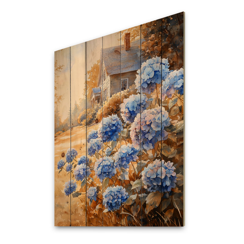 Hydrangées par la vieille ferme - Art mural en bois d'hortensias - sur bois de pin naturel, H 32 po x l 24 po x P 0,78 po