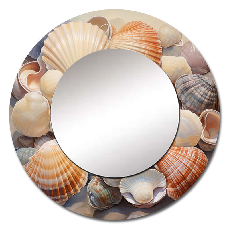 Beige Clam Seashell Symphony III - Clam Decorative Mirror, Modern Large Round Wall Mirror, Printed Metal Art, 23" x 23"