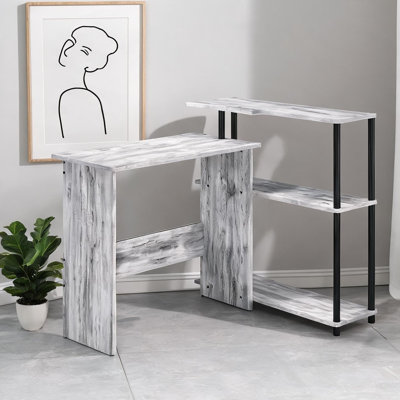 Antique White Rectangular Writing Desk with Attached 3-Tier Side Shelf, Black-Toned Metal Frame