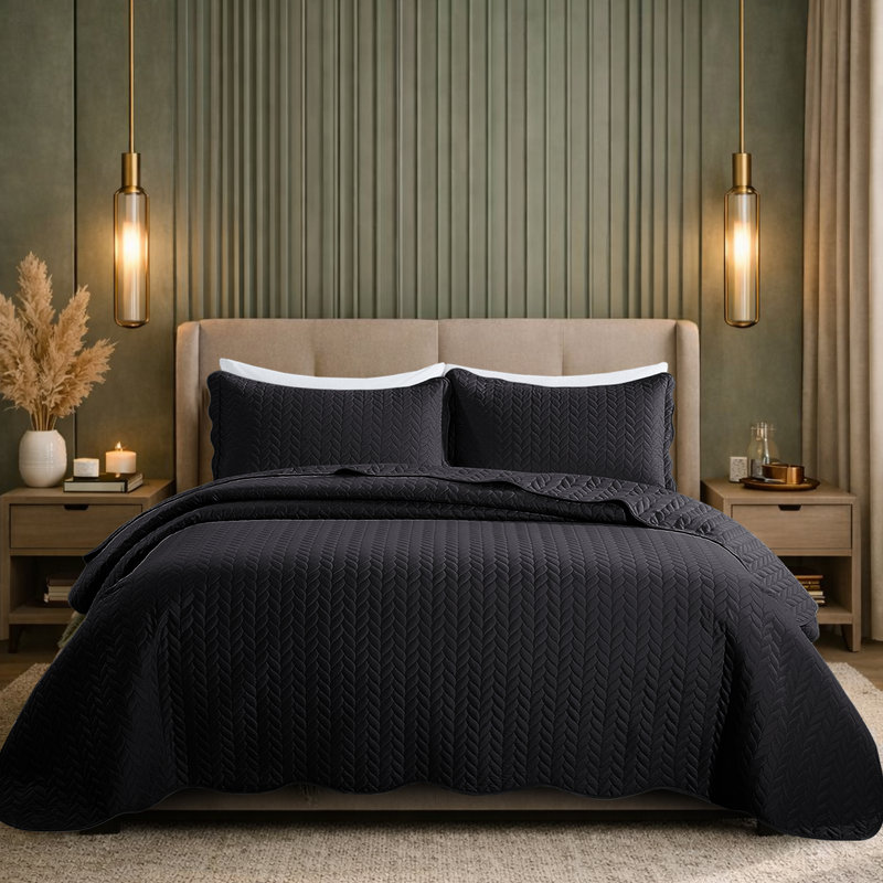 Ensemble de courtepointe légère en microfibre gaufrée - Couvre-lit toutes saisons respirant avec taies décoratives, Noir