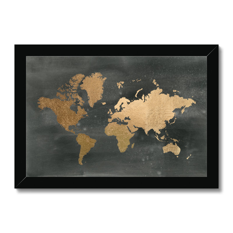 Gold World Map On Black Wash by Jennifer Goldberger - Print, Black Framed Paper Print, 24cm H x 34cm W