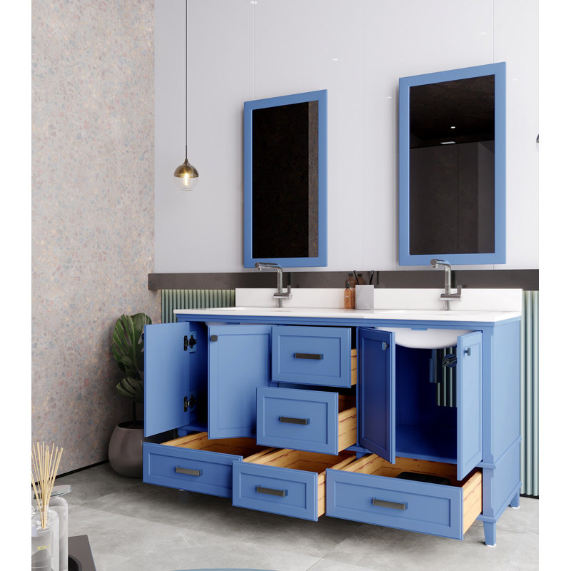 Ensemble de meuble-lavabo double 59 po avec miroir Charneshia, Bleu