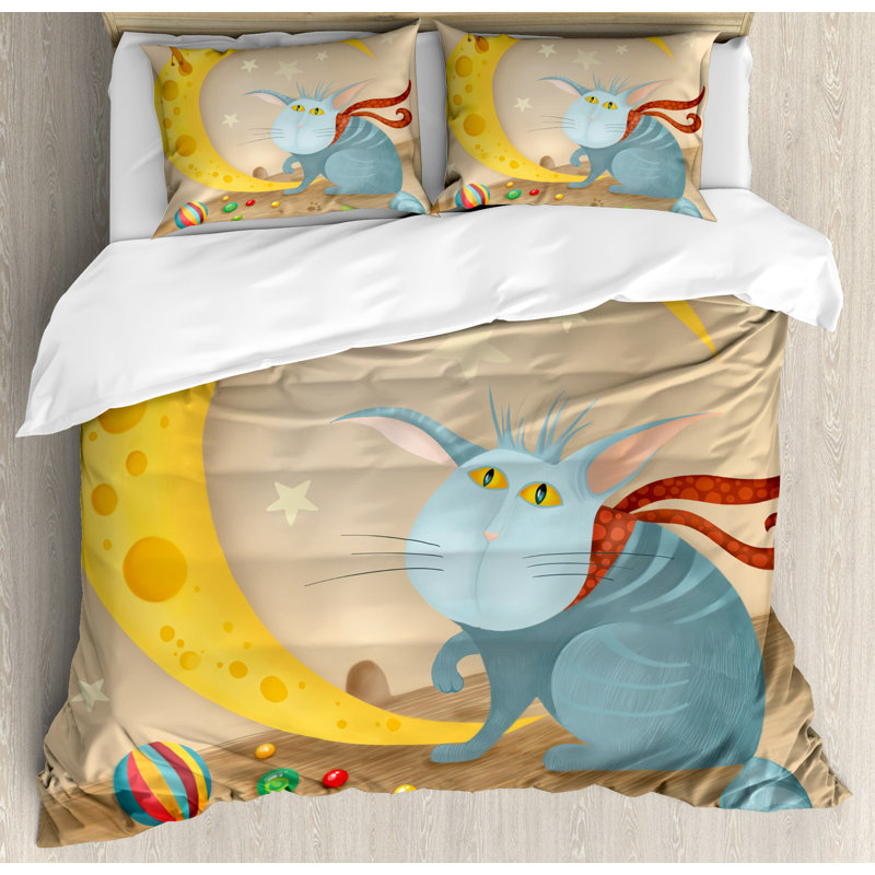 King Size Multicolor Cat and Moon Kids Duvet Cover Set