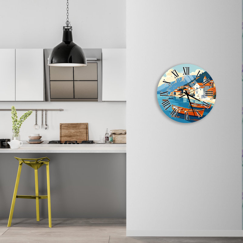 Horloge murale en verre trempé bleu côtier, scène de village, maison de plage, horloge Art moderne, décoration intérieure, horloge murale surdimensionnée