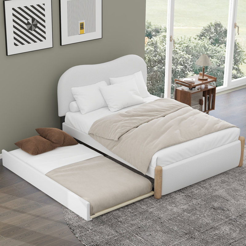 Lit plateforme tapissier blanc avec lit gigogne, Blanc, Lit double