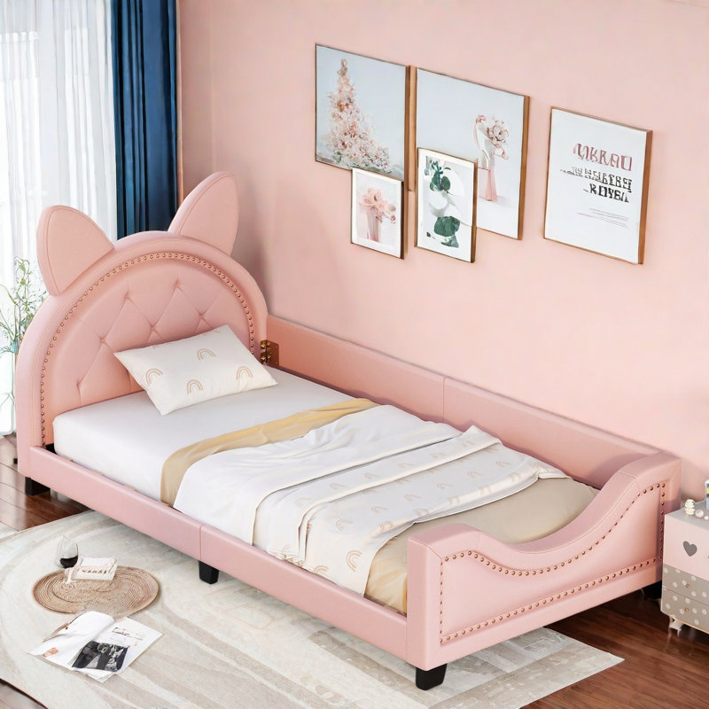 Upholstered Daybed With Carton Ears Shaped Headboard, Button Tufted Design And Copper Nail, Pink