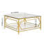 Table basse carrée en verre avec cadre géométrique en métal doré et tablette de rangement inférieure