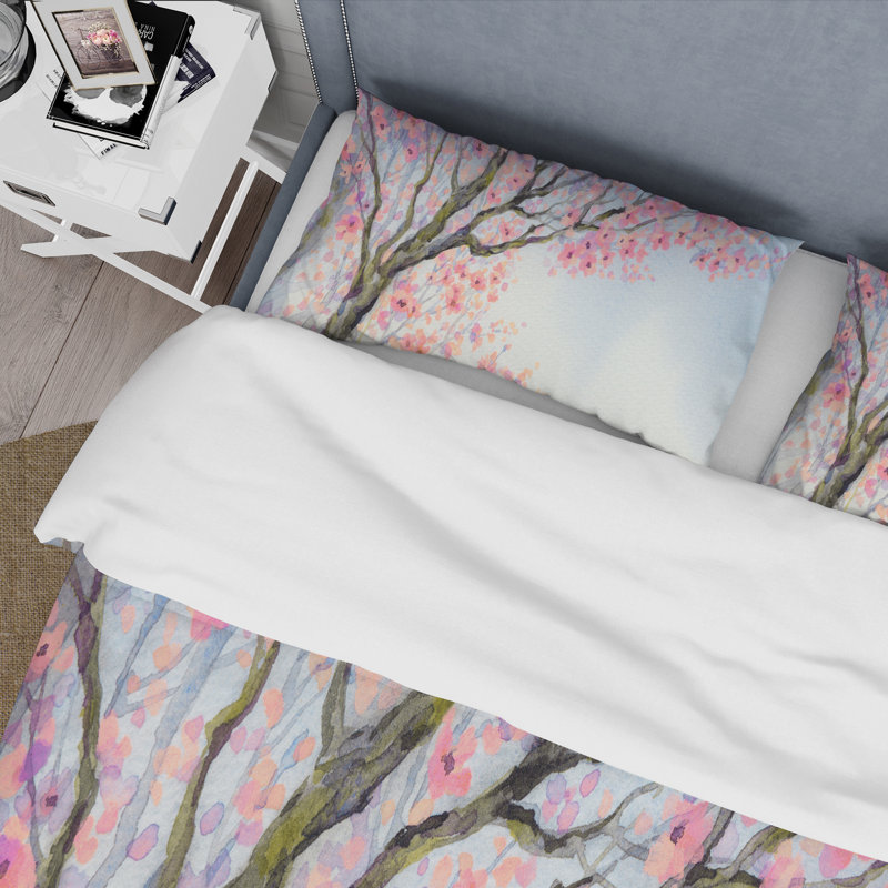 Magnifique oiseau rose sur une branche II - ensemble de housse de couette traditionnel - microfibre de polyester