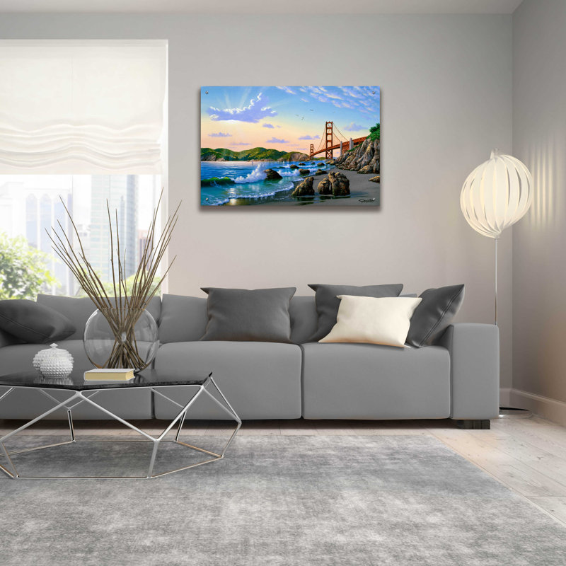 «Golden Gate Sunset, CA 2» par Eduardo Camoes, art en verre acrylique Wal, H 24 po x l 36 po x P 0,2 po