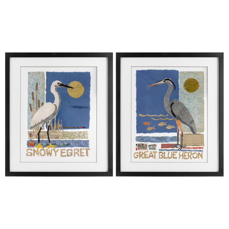«Snowy Egret & Great Blue Heron», ensemble de 2 reproductions encadrées sous verre, par Nancy Overton, H 21 po x l 17 po