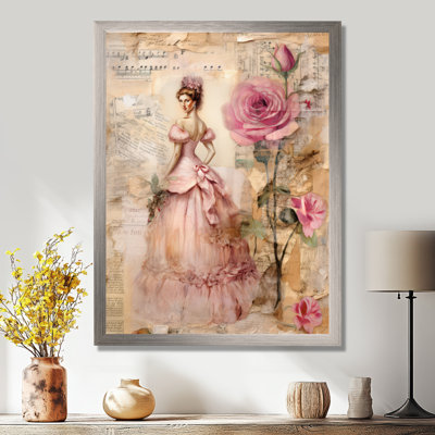 «Victorian Lady Pink Roses Rustic Vintage I - Rose», art mural encadré