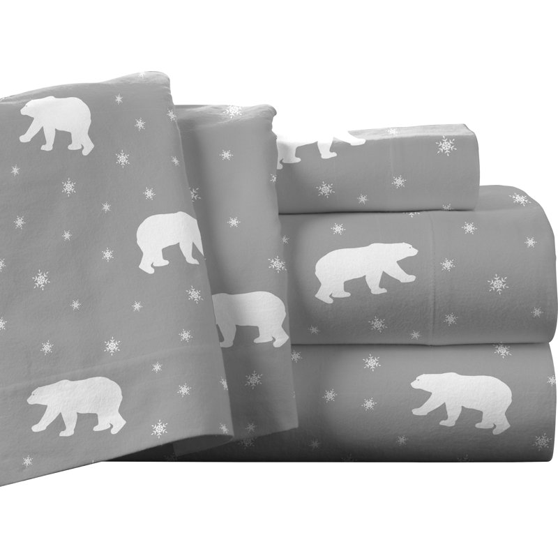 Twin XL Gray Cotton Flannel Polar Bear Print Sheet Set