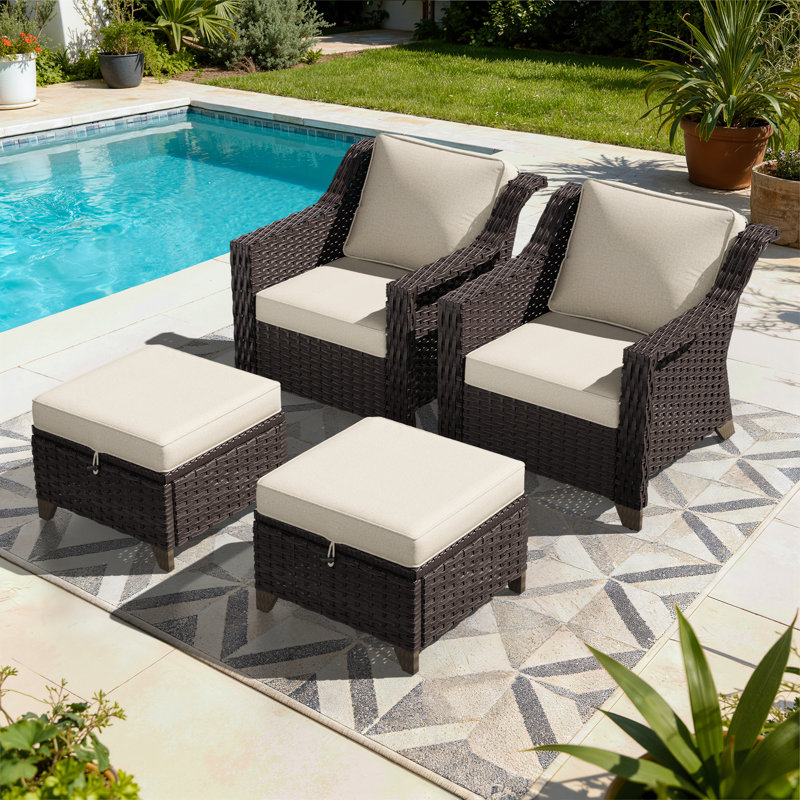 Meriwether Patio Chair with Cushions and Ottomans, Beige