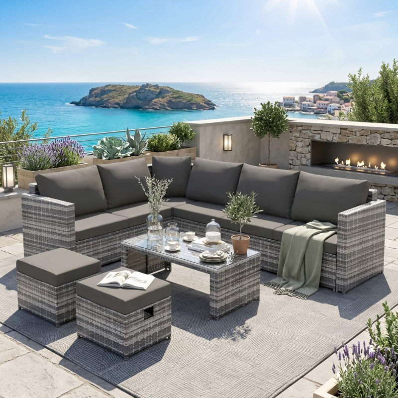 Rattan Garden Corner Sofa Set with Coffee Table & 2 Stools, Outdoor Patio Furniture Set for Garden, Terrace & Balcony
