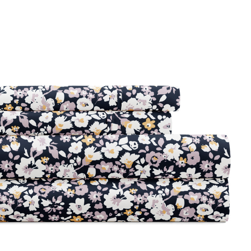 Navy Floral Full Microfiber 3-Piece Sheet Set