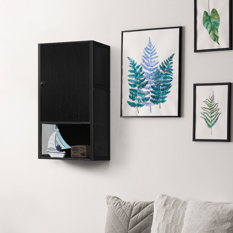 Petite armoire de rangement murale noire avec porte et tablette ouverte
