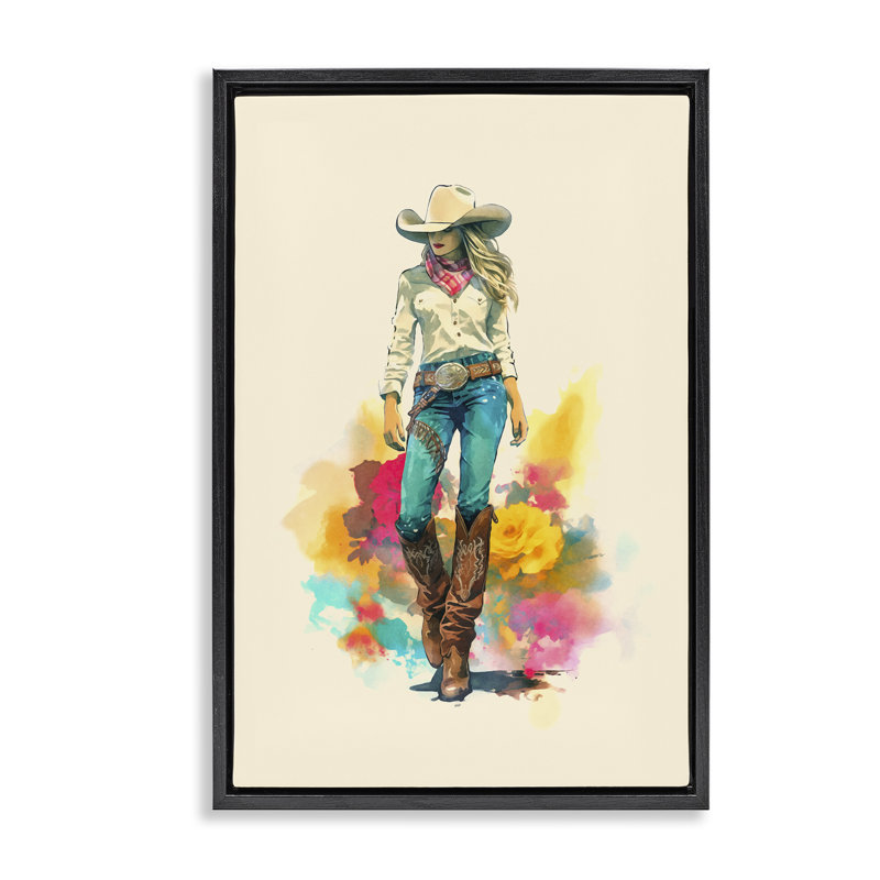 «Prairie Princess Cowgirl», toile flottante encadrée par Andrea Haase, Cadre flottant noir de jais, H 25 po x l 17 po