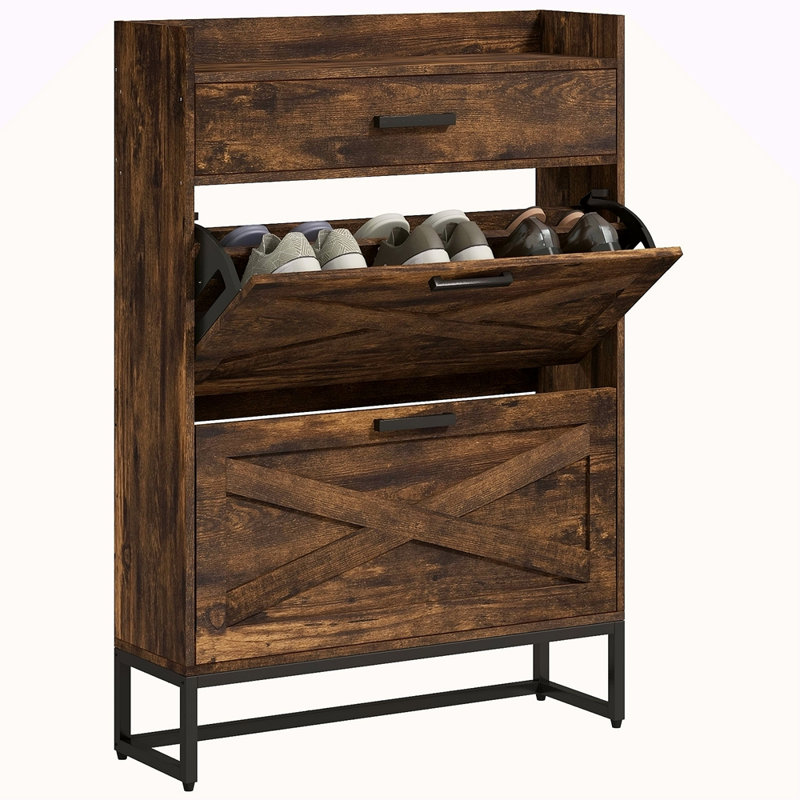 Armoire à chaussures étroite avec 2 portes rabattables et un tiroir supérieur