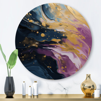 Mauve et bleu mouvements en peinture I - peinture abstraite ronde, art mural en métal