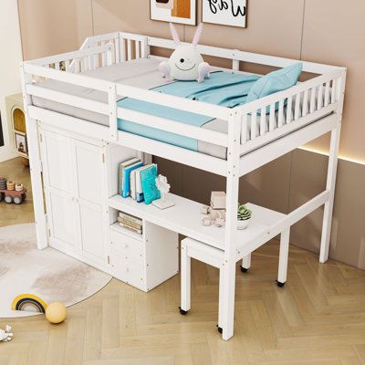 Wood Loft Bed With Storage Drawers, Stairs, Desk And Guardrails