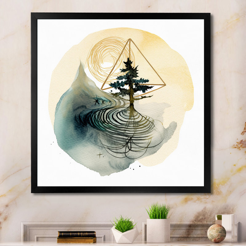Paysage abstrait de montagnes, lune et arbre VI, H 36 po x l 36 po x P 1,5 po, Cadre simple noir