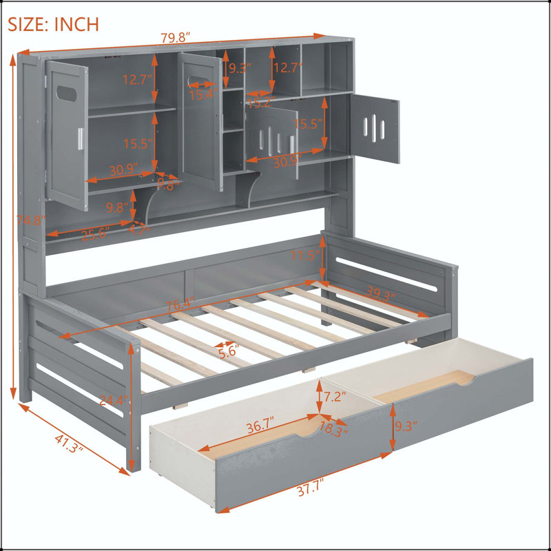 Lit de jour simple en bois avec 2 tiroirs et armoire et tablette tout-en-un, Gris