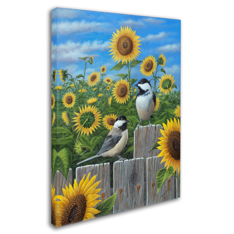 «Chickadees and Sunflowers», impression sur toile tendue, H 19 po x l 14 po x P 2 po