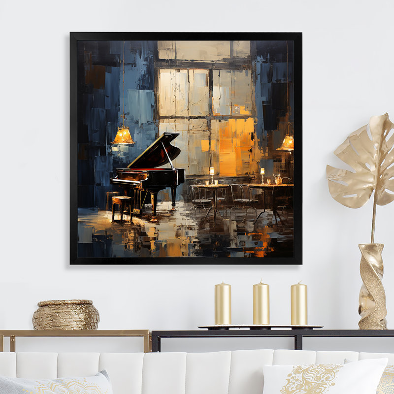 Jaune et gris Grand Piano Jazz Cafe IV - Piano, art mural, Cadre simple noir, H 16 po x l 16 po x P 1 po
