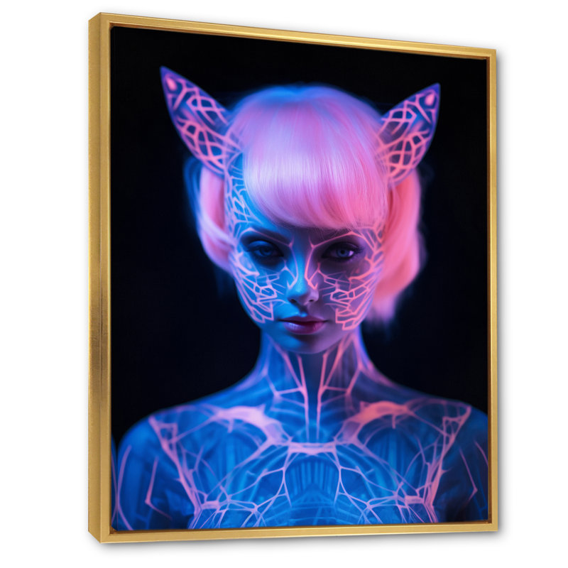 Catgirl In Neon, reproduction d'art sur toile, 32" H x 24" W, Cadre flottant doré