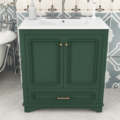 Meuble-lavabo de salle de bain avec lavabo en céramique, tablette réglable, tiroir et armoire de rangement