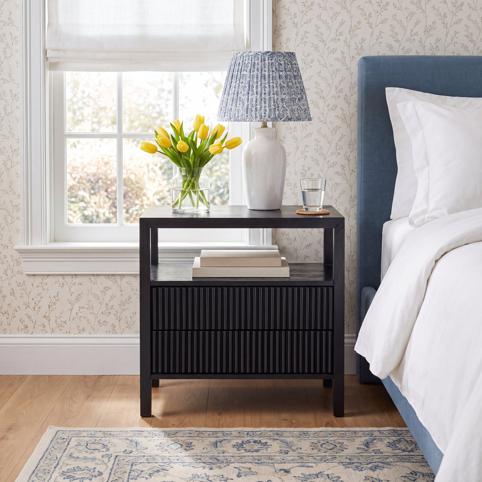 2-Drawer Reeded Nightstand, Black