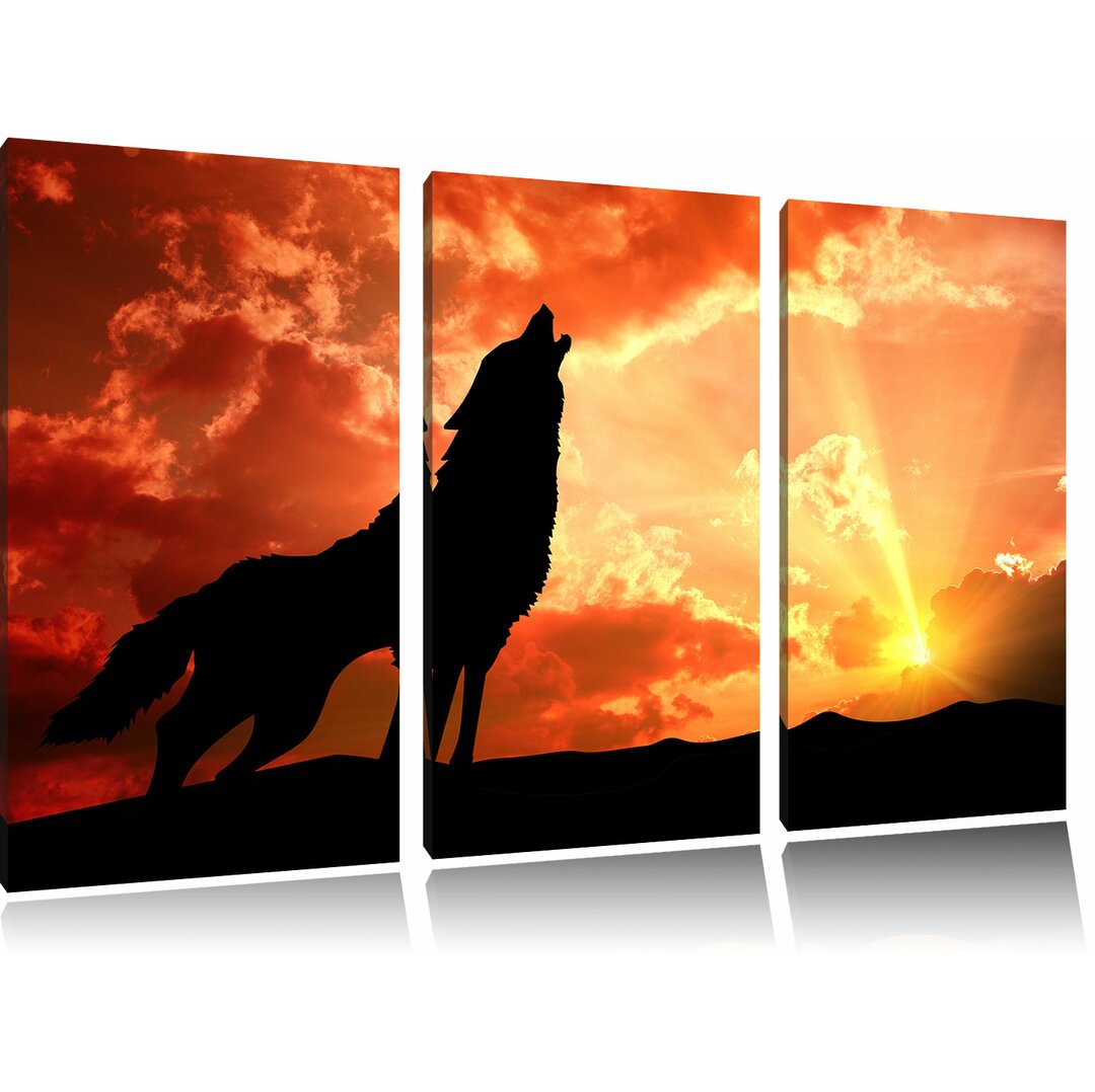 3-tlg. Leinwandbilder-Set "Einsamer Wolf auf den Sonnenuntergang Heulen", Gicleedruck