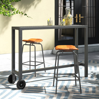 Arteta  39”/55"W X 37"H Rectangular Metal Outdoor Bar Table with Wheels