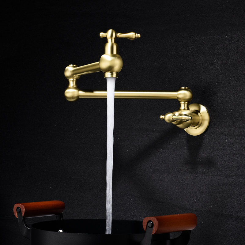 Pot Filler Faucet Wall Mount - Gold Brass, Arm For Simple And Hassle- Filling, Double Handles To Regulate Water Flow Smoothly, Corrosion Surface Protection Measure, Silent Non-Turbulent Aerator