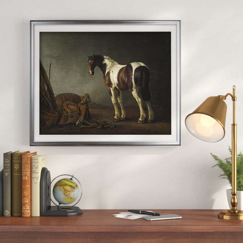 « a cheval avec une selle à côté de celui-ci », reproduction de peinture à l’acrylique, H 28 po x l 38 po x P 1,5 po, Or