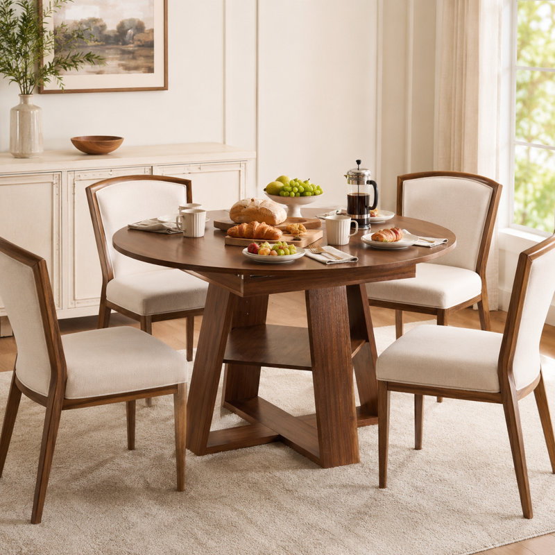 43.3"-59" Extendable Round to Oval Dining Table with Storage Shelf, Light Walnut