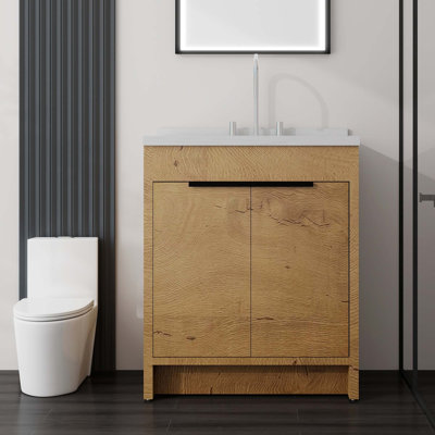 Meuble-lavabo autoportant avec porte à fermeture douce et comptoir en marbre de culture