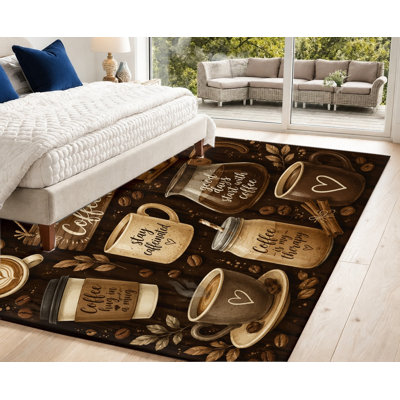 Coffee Theme Washable Area Rug, Brown Cups and Beans Pattern, Velvet Surface, Soft Non‑Slip Floor Carpet, Modern Indoor Home Decor for Living Room, Bedroom, Entryway, Study, Office, Balcony, Apartment