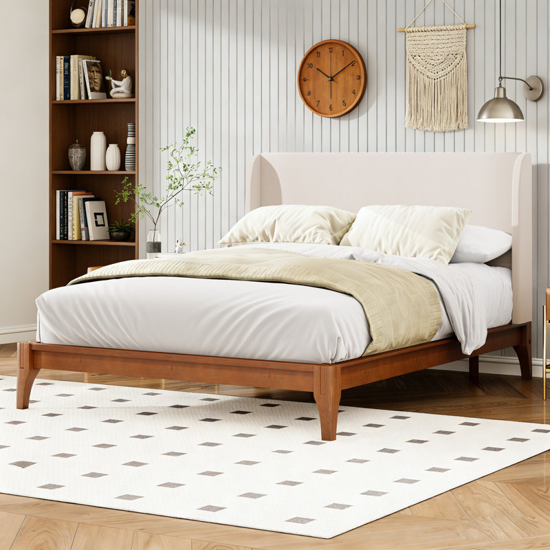Solid Bamboo Bed Frame with Wingback Headboard, Eco-Friendly Platform Bed with Tall Legs and Under Storage, Weight Capacity 500 lbs, No Box Spring Needed, Brown, Queen