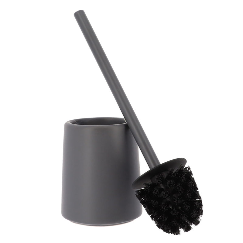 Gray Stoneware Toilet Brush and Holder with Metallic Handle