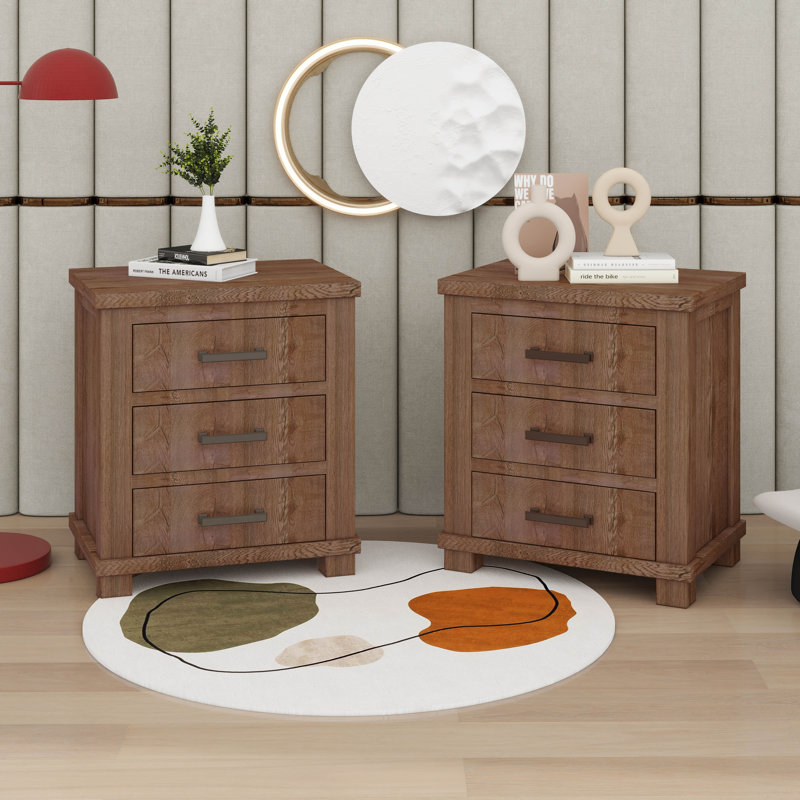 Rustic Three Drawer Reclaimed Solid Wood Farmhouse Nightstand Set Of Two