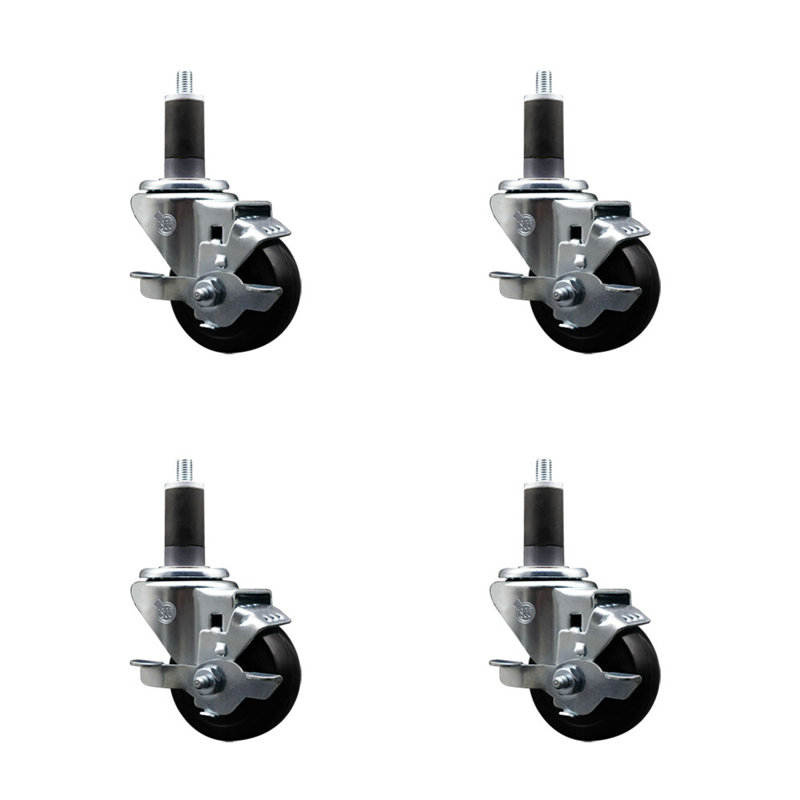 Ensemble de roulettes extensibles pivotantes en caoutchouc dur de 3 pouces 1-1 / 4 pouces avec frein SCC