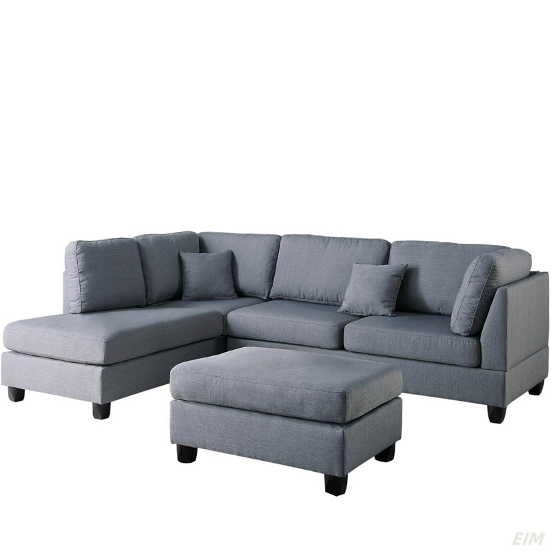3 pièces Canapé modulaire réversible pour canapé de salon et repose-pieds en tissu de polyester (lin), Lin gris en polyfibre